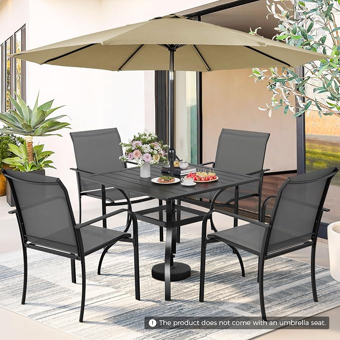 Incbruce 6 Pieces Patio Dining Set with Brown Umbrella, Outdoor Dining Set of 4 Textilene Chairs and Square Table with Umbrella Hole for Backyard, Garden, and Poolside (Grey)