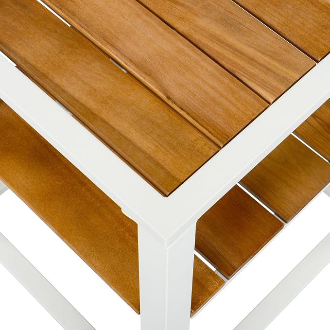 Christopher Knight Home Tova 2-Tier Acacia Wood Outdoor Side Table, Decorative Square Small Accent Table with Slatted Design, Weather Resistant Patio End Table with Iron Frame for Balcony, Teak+White