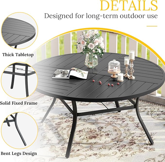 VICLLAX Round Patio Table with Adjustable Umbrella Hole for 6, All Weather 50" Metal Outdoor Dining Table for Lawn Garden, Black