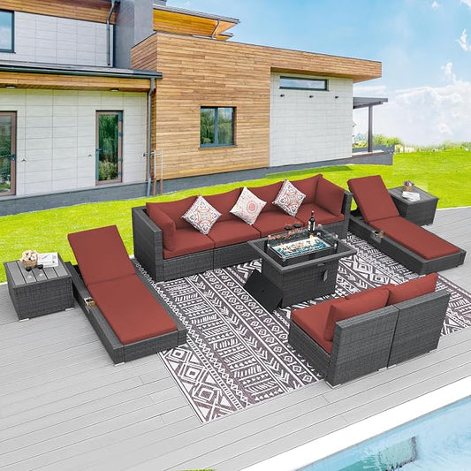 BULEXYARD 11 Piece Large High Back Outdoor Patio Furniture Sets with Firepit and Loungers, Cozy Extra Deep Wide Seating Sectional Conversation Couch Backyard Sitting Sets, Grey Wicker & Red Cushion
