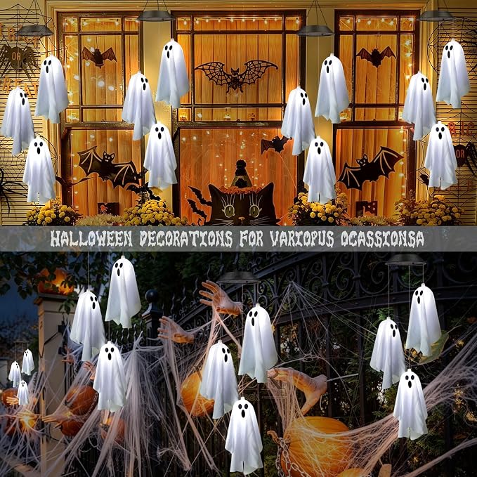 2Pack Hanging Ghost Swing Solar Lights for Halloween Decorations | 6Pc Spooky White Ghosts with ON/FLASH Lighting Mode, Cute Light Up Ghost Kit for Garden Yard Tree Front Porch Halloween Decor