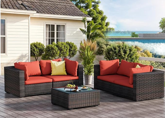 Patio Furniture Set 5 Piece All Weather PE Rattan Outdoor Sectional Sofa Couch with 4 x arm Sofa, No-Slip Cushions and Glass Top Table for Garden, Poolside, Backyard (Red)