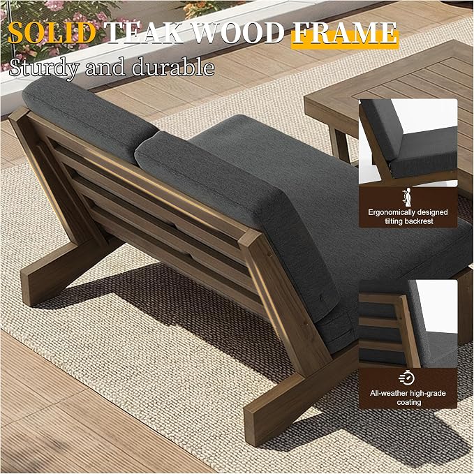 Outdoor Furniture Patio Couch, Weather Resistant Patio Loveseat Sofa Couch with Removable Cushion & Pillows, Teak Wood Frame for Porch & Backyard Seating - Dark Gray