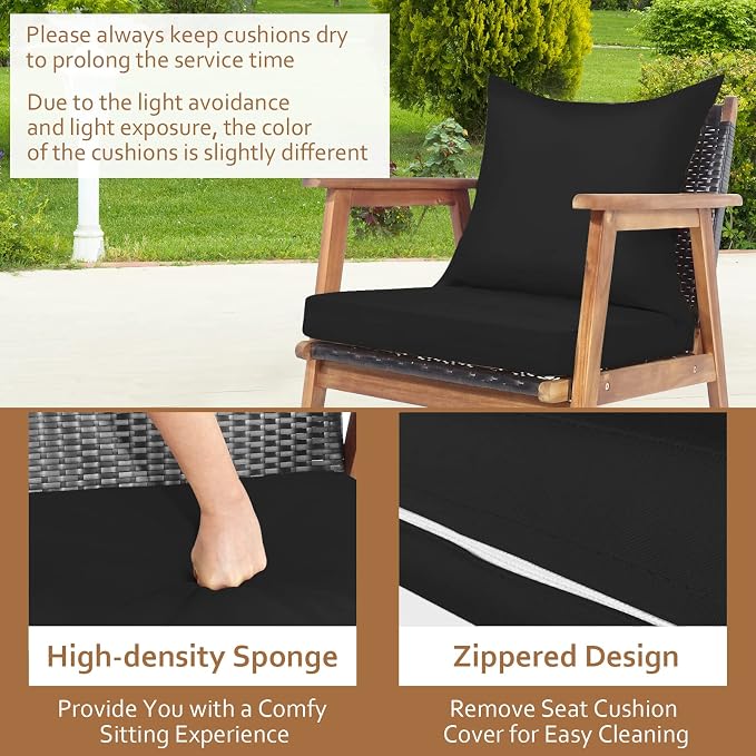 Tangkula 8-Piece Patio Furniture Set, Outdoor Acacia Wood Conversation Set with Cushions and Coffee Table, Turquoise & Black Cushion Cover Sets, Outdoor PE Wicker Sectional Sofa Set for Backyard