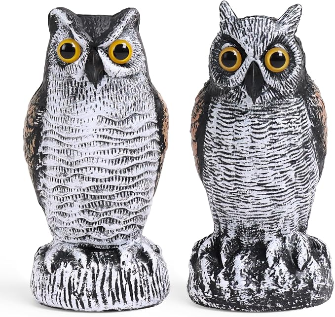 OFFO 2 Pack Fake Owl, Owl Statue for Garden and Yard Decoration, Weatherproof Plastic Outdoor Owl Decor for Porch Pool Patio Yard, 10-Inch Height, Round + Short Ear Owl