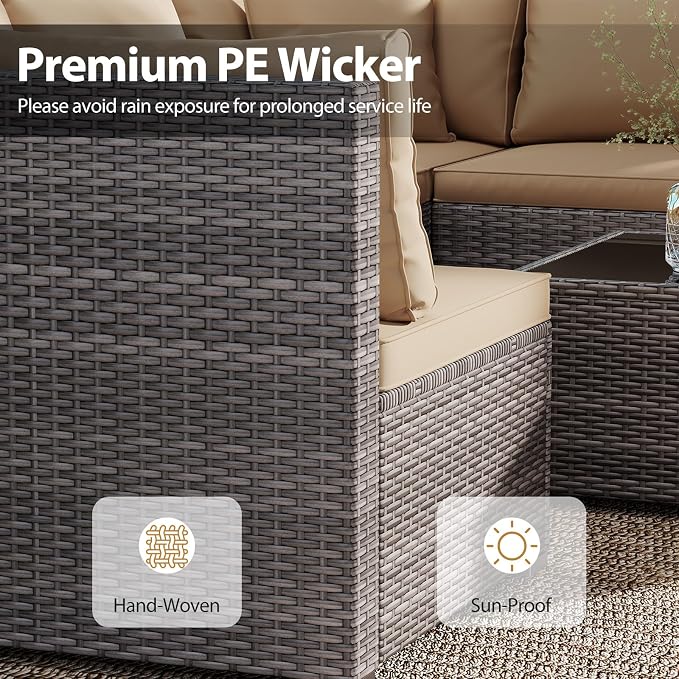 Tangkula 7 Pieces Wicker Sectional Patio Furniture Set, PE Rattan Sofas with Tempered Glass Coffee Table, Pillows & Cushions, Outdoor Wicker Conversation Set for Porch, Yard & Poolside, Grey & Beige