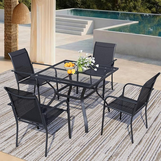 5 Piece Outdoor Dining Set, Patio Table and Chairs Set of 4, 37.5" Black Square Patio Table with 4 Black Stackable Patio Chairs for Lawn, Garden, Porch