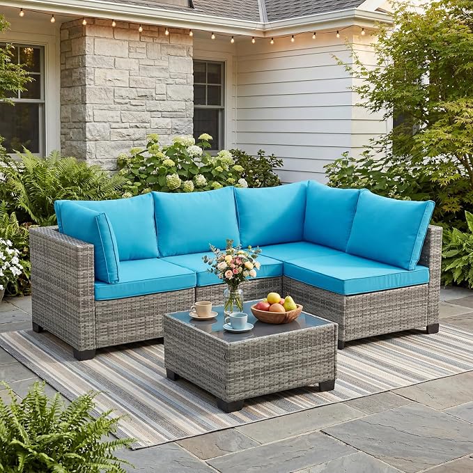 ANJ 5 Piece Outdoor Wicker Patio Furniture Set, Modular Loveseat Sofa with with Glass Top Coffee Table, All-Weather Rattan Conversation Couch Set for Balcony, Backyard, Light Grey Wicker-Turquoise