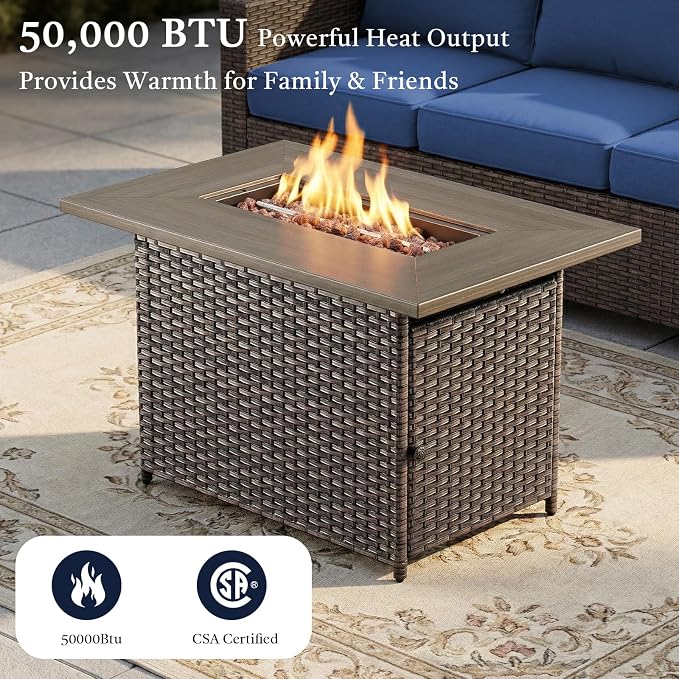 8 Piece Patio Furniture Set with 41" Fire Pit Table - Patio Conversation Set with 4 Inch Thick Cushions and Deep Seating Swivel Glider Chairs Set of 4 & Outdoor Couch for Porch Deck Yard Pool