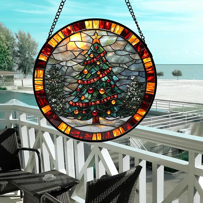 DASTOLL Stained Glass Window Hanging - Winter Christmas Tree Suncatcher Ready to Hang Window Doors Home Decoration, Christmas, Mother's Day Birthday Gifts for Women, Men, and Mom 14.9x14.9 in