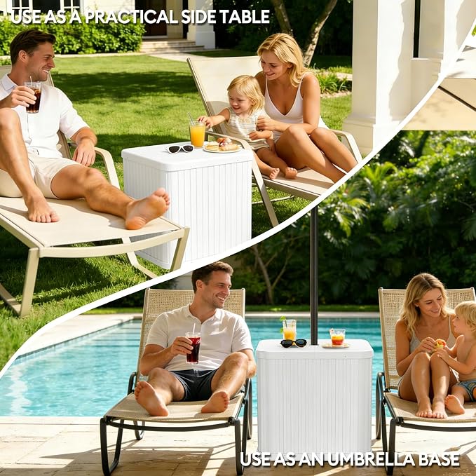 Umbrella Side Table Outdoor Patio Table with Umbrella Hole, Heavy Duty Plastic Poolside Table Holds 132 lbs with Water Filled Base, Fits ≤1.5”Umbrella Pole for Poolside & Backyard, White