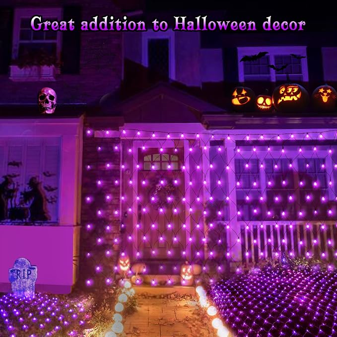BlcTec Halloween Net Lights, 200 LED 8.4ft x 5.2ft Purple Halloween Lights with 8 Modes, Timer, Connectable, Waterproof and Green Wire Design for Trees, Bushes Outdoor Decorations