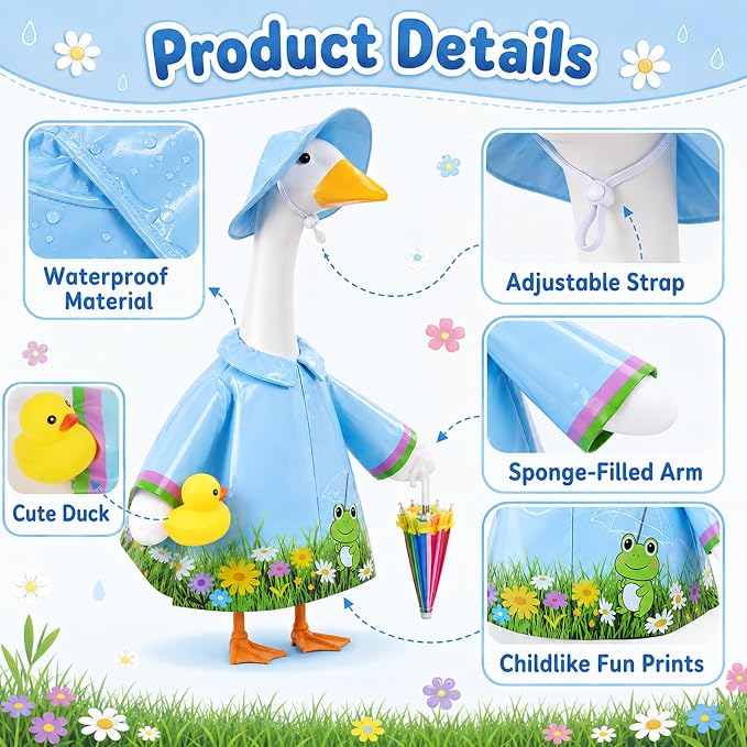 GJL Porch Goose Raincoat Outfit Fits 23 Inch Plastic Cement Goose Statue, Lawn Goose Clothes Set with Umbrella and Hat for Spring Summer Outdoor Yard Garden Decor (Blue-01)