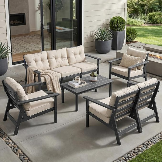 HDPE Patio Conversation Set 7 Seats, Outdoor Furniture Set, Patio Sofa Set | Water-Resistant Thick Cushion, HDPE All Weather, Wood-Grain, No Rot or Rust or Crack, UV Fade Shield, Easy-Clean for Outside