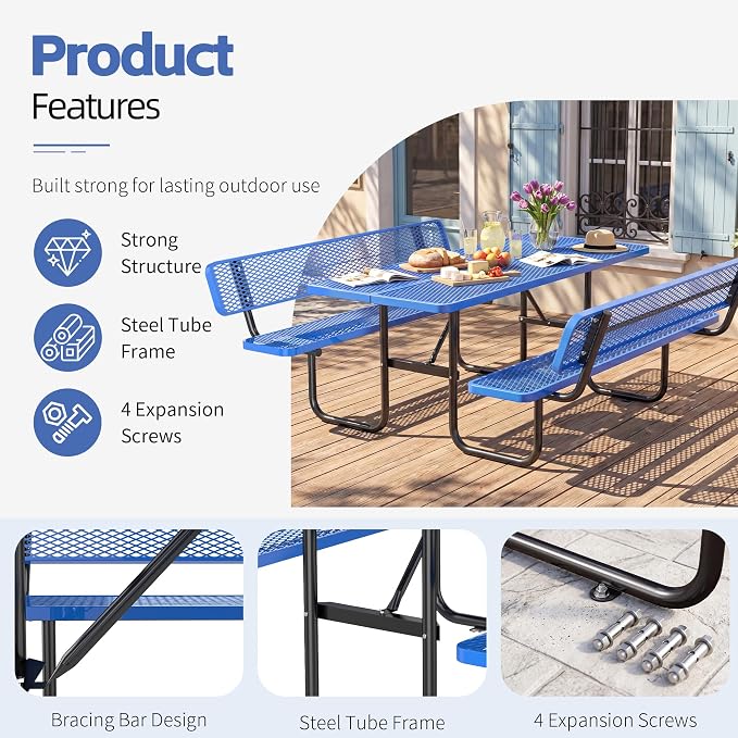 72" Rectangular Metal Picnic Table with Backrest, Commercial Steel Picnic Tables with 1.73" Umbrella Hole, Heavy Duty Picnic Tables for Outdoor Garden Courtyard BBQ, Blue