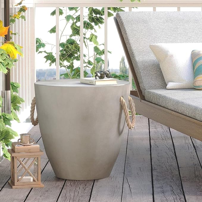 HOMPUS Concrete Outdoor Side Table Drum Accent Light Gray Modern End Table, Round Coffee Table with Rope Handle Garden Stool Decor for Garden, Indoor, Living Room