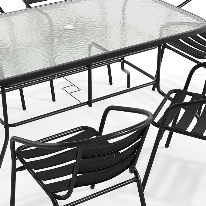 Flash Furniture Lila 7-Piece Glass Patio Table and Chairs Set, Outdoor Patio Dining Set with Rectangular Table and 6 Slat Back Patio Chairs, Black | Umbrella Hole, 55 in Tempered Glass, Aluminum Slat Back Stack Chairs