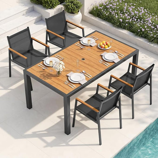 Outdoor Dining Set for 4, Aluminum Patio Table and Chairs Set, 5-Piece All Weather Patio Dining Furniture Set with Umbrella Hole for Backyard, Deck, Poolside (Gray-Teak)