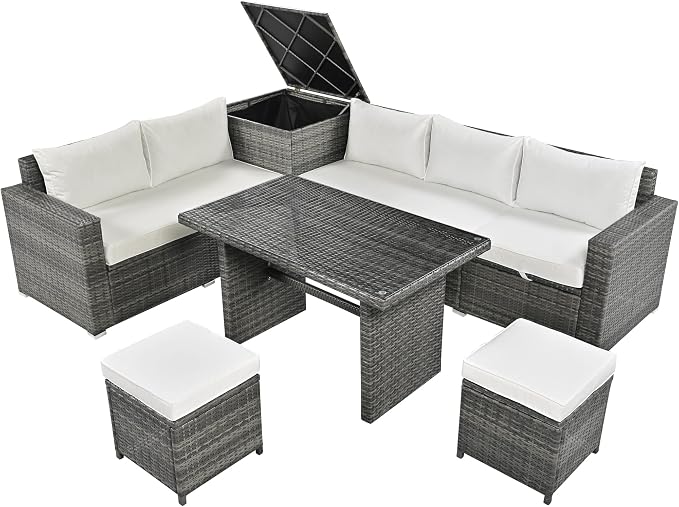 Outdoor 6-Piece All Weather PE Rattan Sofa Set, Garden Patio Wicker Sectional Furniture Set with Adjustable Seat, Storage Box, Removable Covers and Tempered Glass Top Table, Beige