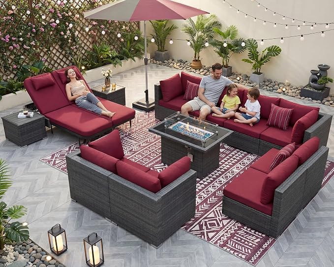 NICESOUL 13 Piece Large Outdoor Sectional with Fire Pit Table, 29.3'' High Back Patio Furniture with Fire Pit Table & Chaise Lounge, Big Deep 10-Seater for Garden, Grey Wicker & Burgundy Cushion