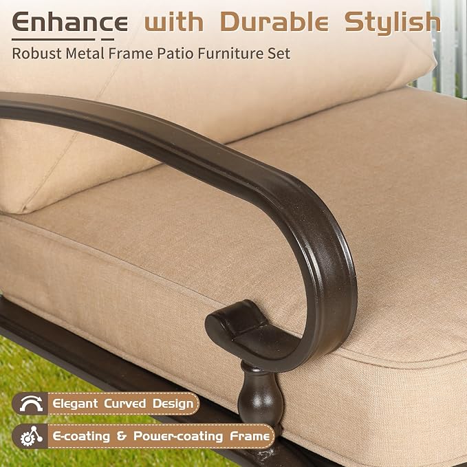 4-Piece Outdoor Metal Furniture Sets Patio Conversation Set Wrought Iron Loveseat, 2 Single Chairs, Coffee Table with Cushion, Lawn Front Porch Garden, Brown