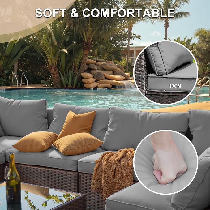 Patio Furniture Set, 8 PCS Outdoor Sectional Patio Furniture Set with 42" Fire Pit Table, Rattan Wicker Sofa Couch for Garden Backyard Deck Poolside, Grey