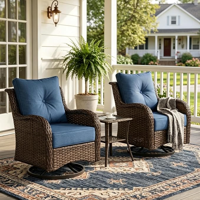 Luxury Patio Conversation Set, 3-Piece Ergonomic High Back Wicker Swivel Chair Set with 6-Inch Deep Seating Cushions, Large Patio Furniture Set for Garden, Deck & Balcony, Navy Blue