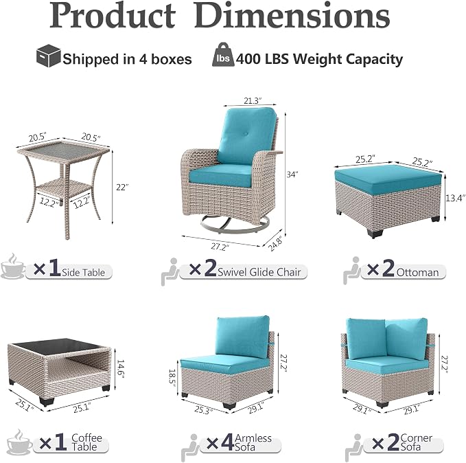 Patio Furniture Set, 12-Piece Outdoor Sectional Sofa with Swivel Rocker Chairs & Ottomans, Wicker Patio Conversation Set with Coffee Table, Cyan Cushions