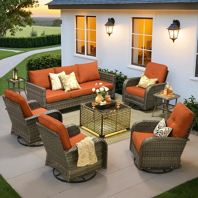 ovios 8 Pieces Patio Furniture Set, Outdoor Wicker Sofa Couch with Swivel Glider Chairs Solar Lights Table, Modern Deep Seat Rattan Conversation Sets for Deck Porch, Orange Red