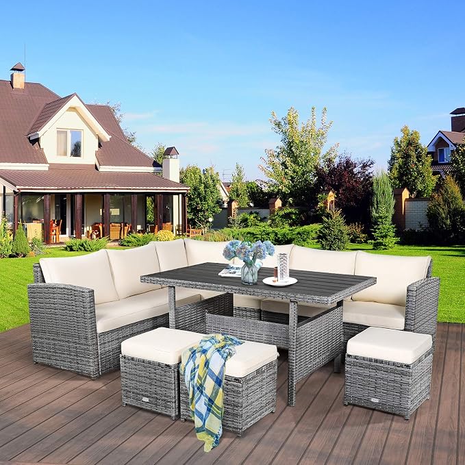 Tangkula 7 Pieces Patio Furniture Set, Outdoor Sectional Rattan Sofa Set with Cushions, All Weather Wicker Conversation Couch Set w/Dining Table & Ottomans for Backyard Garden Poolside (White)