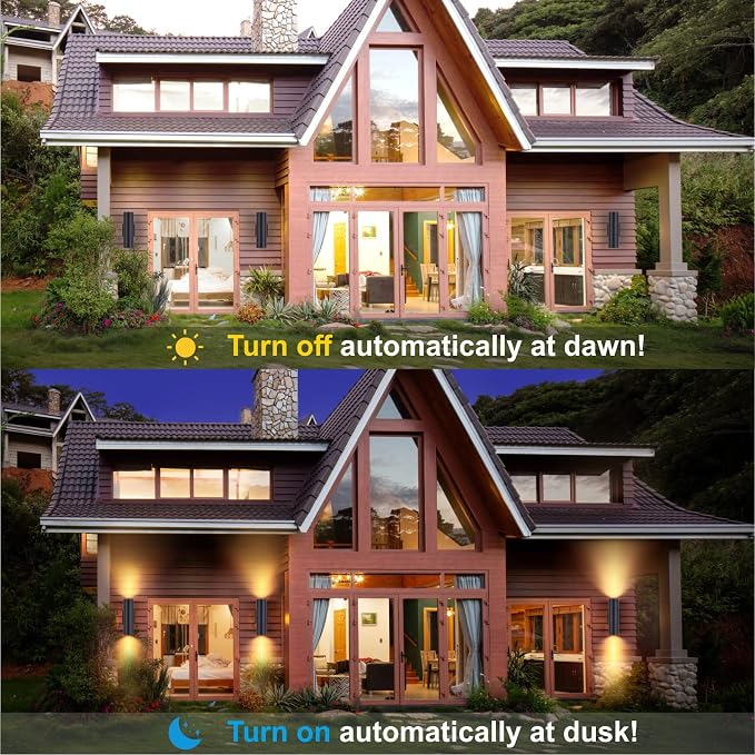 DAKAFUL Dusk to Dawn Outdoor Lighting Sensor Wall Lights 4Pack, 12W 2700K Integrated LED Cylinder Up Down Lights Outdoor, IP65 Waterproof Aluminum Wall Sconce Exterior Wall Light for Porch Patio etc.