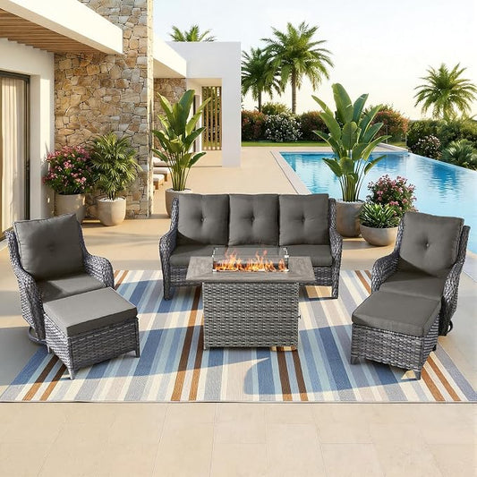 Patio Furniture Set with 41" Fire Pit Table - High Back Patio Conversation Set with 4 Inch Thick Cushions and Deep Seating Swivel Glider Chairs & Outdoor Couch for Porch Deck Yard Pool Brown