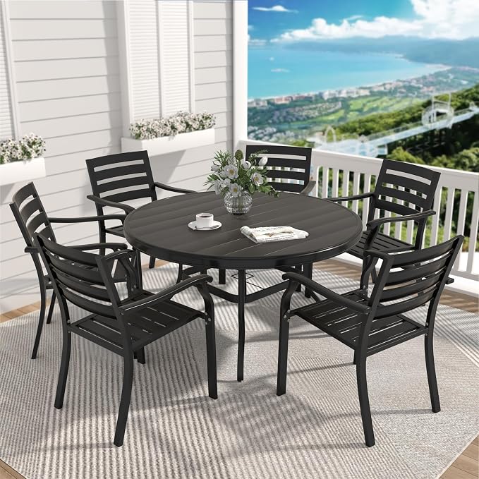 Round Patio Dining Table, 6-7 Seater, Black