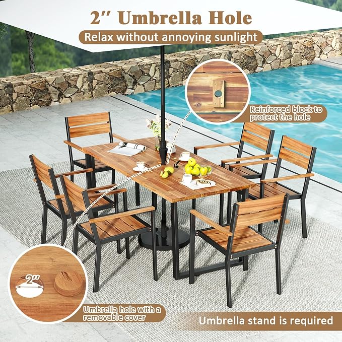 COSTWAY Outdoor Dining Set for 6, 63’’ x 32’’ Acacia Wood & Metal Patio Dining Table with 2'' Umbrella Hole, 6 Stackable Chairs, Ergonomic Armrests, 7 Pieces Dining Set for Backyard, Deck, Patio