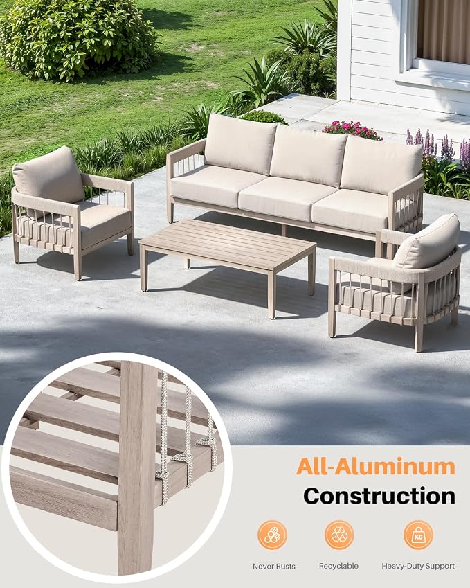 4-Piece Patio Furniture Set, Never-Rust Aluminum Patio Conversation Set, Outdoor Sofa Set with Faux Wood Grain Finish, Rope Weave Patio Sofa Set with Coffee Table for Backyard, Poolside, Deck