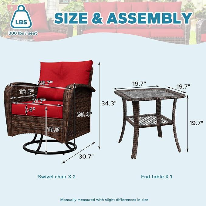 3 Pieces Conversation Furniture Set of Patio Swivel Rocking Chairs and End Table, Wicker Rattan Outdoor Set with Washable Cushions for Backyard, Poolside, Sunroom (Red)