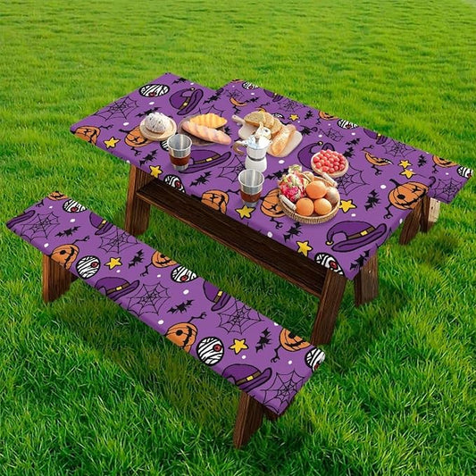Halloween Picnic Table Cover with Bench Covers 3 Piece Fitted Picnic Table Cover with Bench Covers Picnic Table Covers with Elastic Band Picnic Table Cover for Halloween Decoration