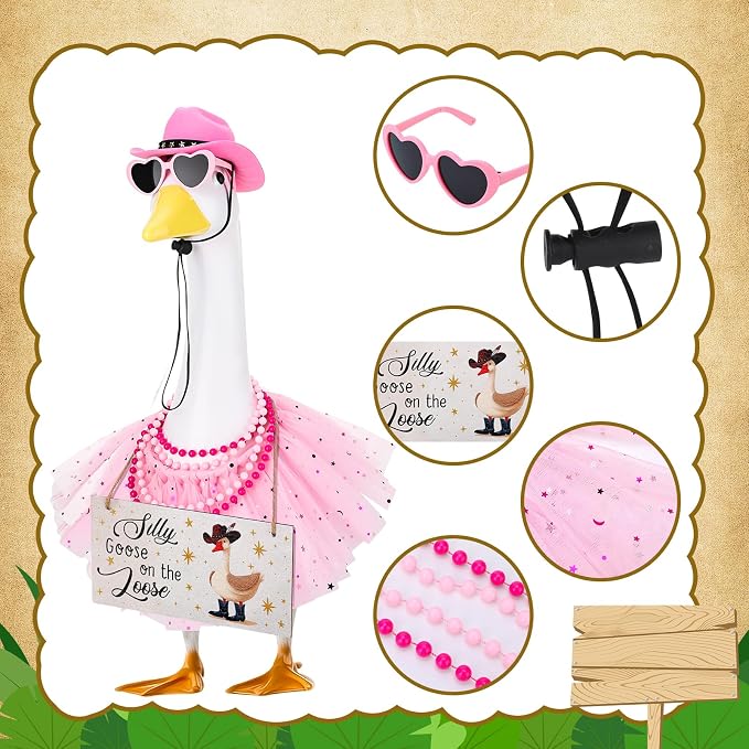 6pcs Pink Princess Porch Goose Outfits for 17-23 Inches Lawn Goose | Tutu Skirt Cowboy Hat Glasses Necklaces Wooden Sign for Outdoor Garden Lawn Art Decor