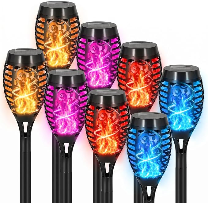 8 Pack Solar Lights Outdoor, Multicolor Flickering Flame Torches | Multicolor Flickering Flame, Long Nighttime Glow, Auto-On at Dusk, IP65 Weather-Resistant, Tool-Free Ground Setup