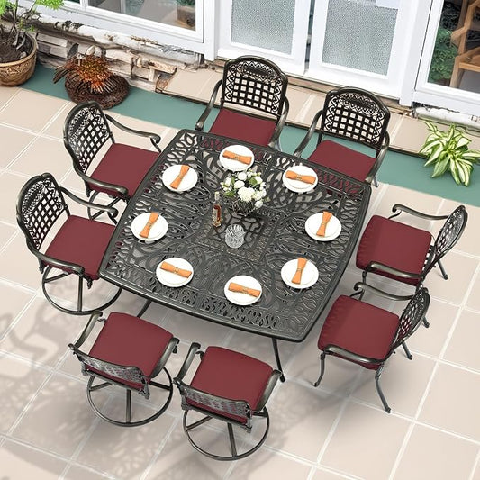 MEETWARM 9-Piece Outdoor Patio Dining Set for 8, All Weather Cast Aluminum Patio Funiture Table and Chairs Set- Large 64" Square Table and 4 Swivel Rocker Chairs, 4 Stationary for Garden, Red