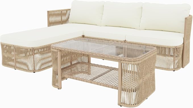 Merax 4-Piece Patio Furniture Set, L-Shaped Outdoor Wicker Modular Sectional Sofa with Thick Cushions and Glass Top Coffee Table, Rattan Patio Conversation Set for Backyard, Garden and Poolside, Beige