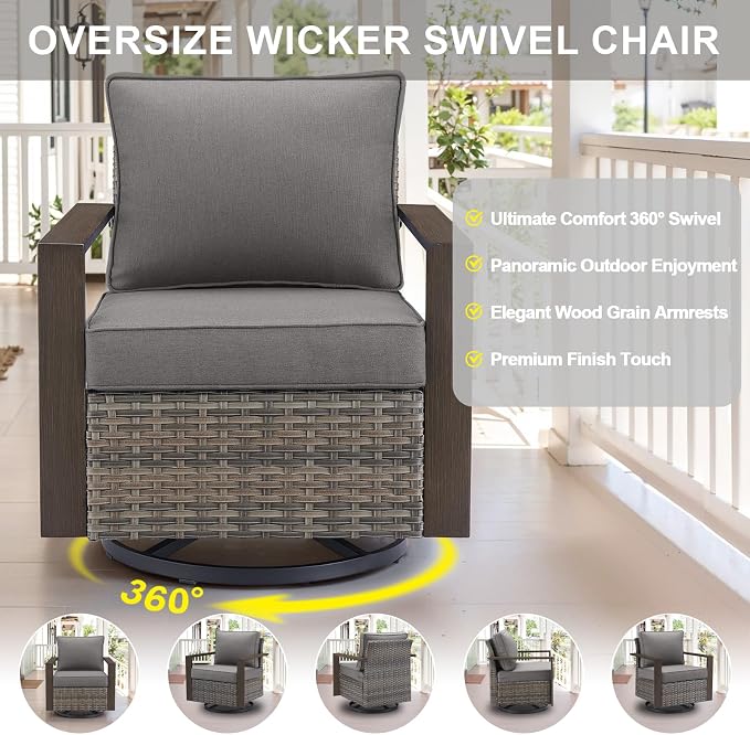Belord Social 5 Pieces Patio Furniture Set - Swivel Rocker Glider Outdoor Chairs Set of 4 with 50000BTU Propane Fire Pit Table, Durable Wicker Outdoor Conversation Set for Casual Gathering
