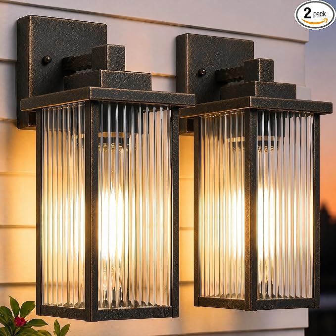 2-Pack 13" Black Brush Gold Outdoor Wall Light, All-Metal Porch Light | Textured Glass Softens Glare, Stays Bright. Dual-Tone Rust-Resistant Metal. Pre-Assembled DIY Install. For Porch, Garage