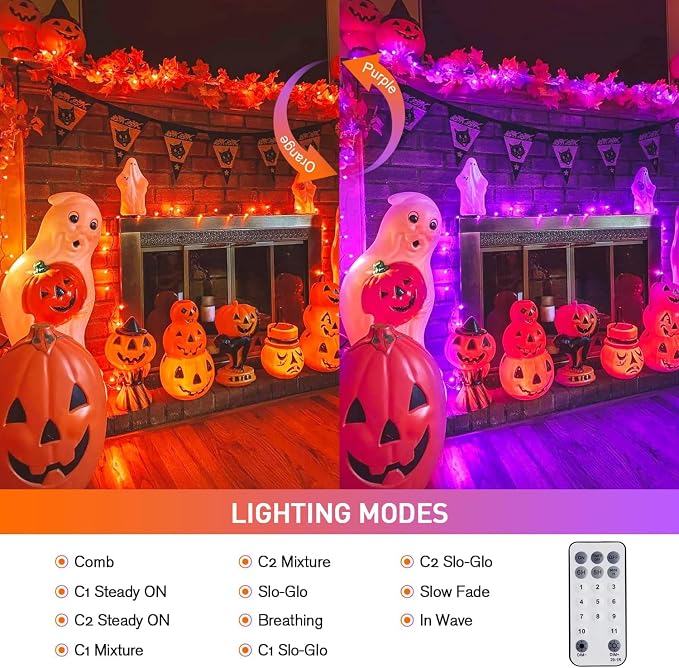 JMEXSUSS 100 LED Orange & Purple Halloween Lights Plug in | Connectable Color Changing String Lights, 33ft Indoor/Outdoor for Halloween Party Decor & Christmas