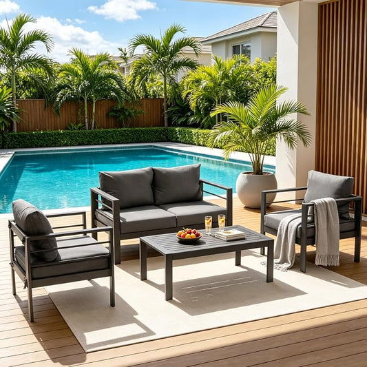 4-Piece Patio Furniture Set – All-Metal Outdoor Sectional Couch with Horizontal Slat Armrests, 4" Cushions & Coffee Table, Modern Patio Conversation Set for Porch, Balcony, or Deck (Grey)