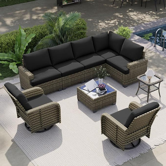 LET'S PATIO Luxury Patio Furniture Set，9 Piece Outdoor Furniture Sectional Set with Swivel Rocker Chairs of 2，All-Weather Patio Sectional Sofas with Thickened Cushions, Black