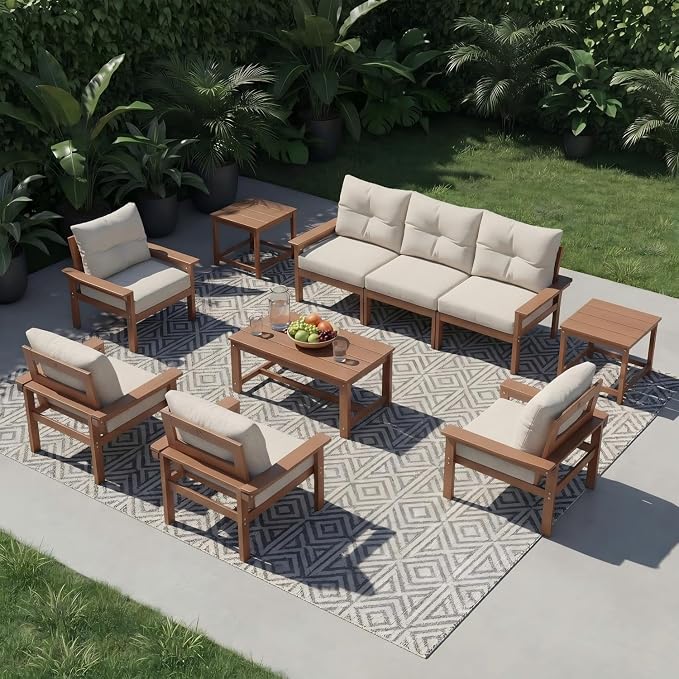 HDPE 7 Piece Patio Furniture Set, All-Weather Outdoor Couch Set with Thick Cushions & Coffee Table & Side Table, Patio Conversation Sets for Lawn, Garden, Porch, Balcony, Deck, Teak & Beige
