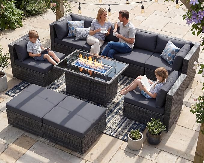 RADIATA 9 Piece Wicker Patio Furniture Set with Fire Pit, All-Weather Outdoor Sectional Couch High Back Large Size, Modular Backyard Seating Sofa Set with Propane/Natural Gas Firepit Table, Dark Grey
