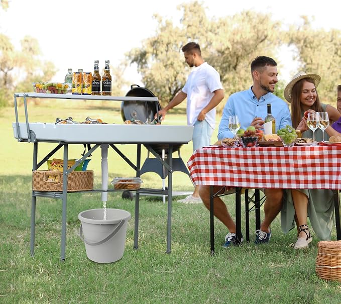Real Relax Two-Tier Portable Cooler Table, Fill and Chill Desk for Food Drink Beverage, Foldable Party Ice Table for Camping BBQ Outdoor White