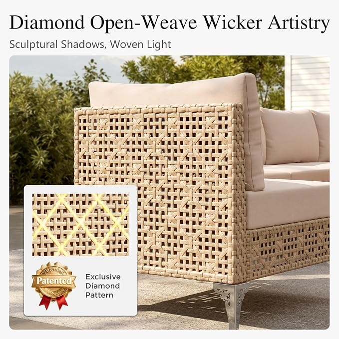 Sophia and William Wicker Patio Furniture Set, 7 Pieces Rattan Outdoor Conversation Sets, L-Shaped Yellow Patio Sectional Sofas Boho Modular Couch Set with Coffee Table for Yard Porch, Beige Cushion